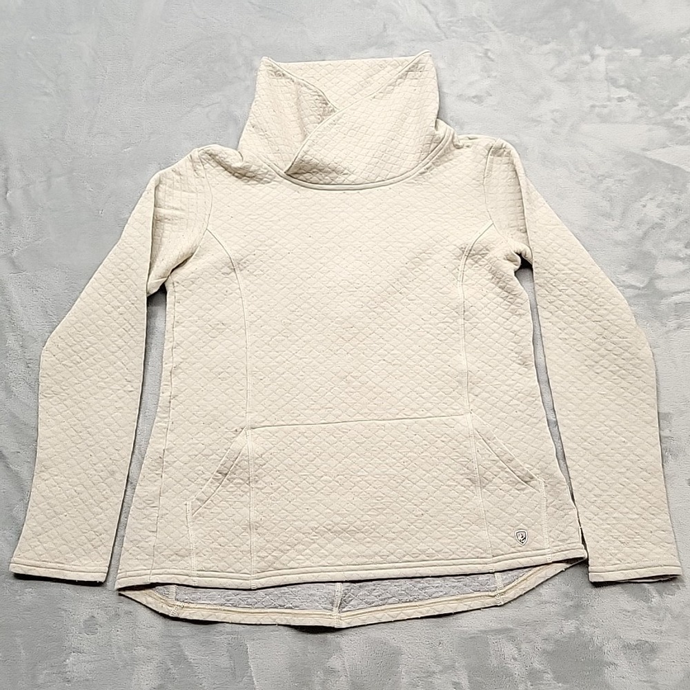 Kuhl Sweater Womens Small Beige Sora Quilted Pullover Cowl Neck Kangaroo Pocket